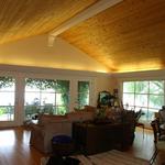 Family room with light trough's illuminated on gloomy day.